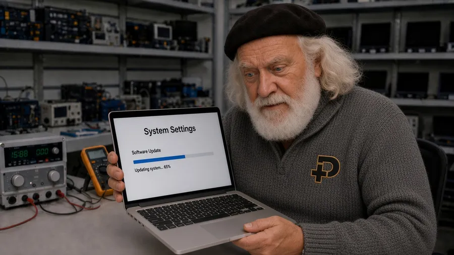 Уста-Камень в мастерской следит за установкой обновления macOS на ноутбуке